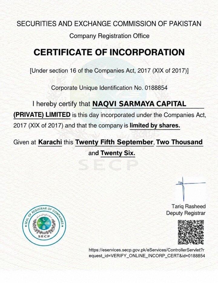 Certificate of Incorporation - Naqvi Sarmaya Capital